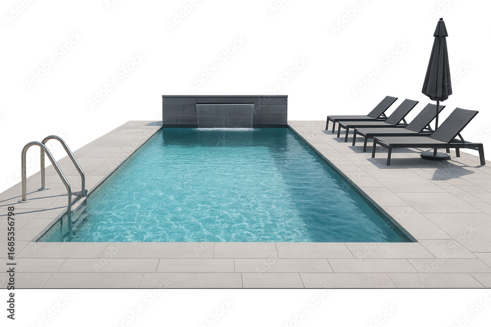 Fototapeta premium Inviting swimming pool with transparent background, waterfall and deck chairs