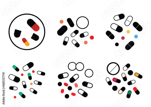 Collection of Pharmaceutical Medication Capsules and Pills in a Vector Design Format