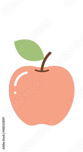 A Simple Illustration of a Peachy Colored Apple with a Single Green Leaf and a Brown Stem on a White Background