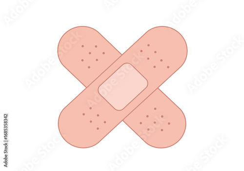 Two flesh colored adhesive bandages crossed in an X shape on a white background providing first aid for minor injuries and cuts