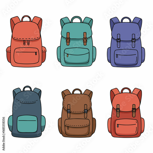Collection of six colorful cartoon backpacks, perfect for travel, school, or outdoor adventure illustrations, isolated on white.