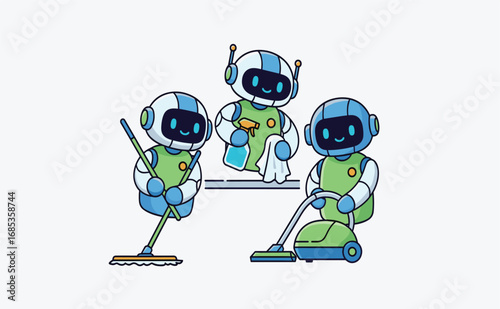 Cute Robots Engaged in Household Cleaning Tasks with Friendly Vibes