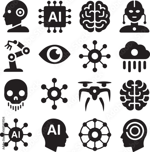 Artificial intelligence and technology icons in silhouette robot brain