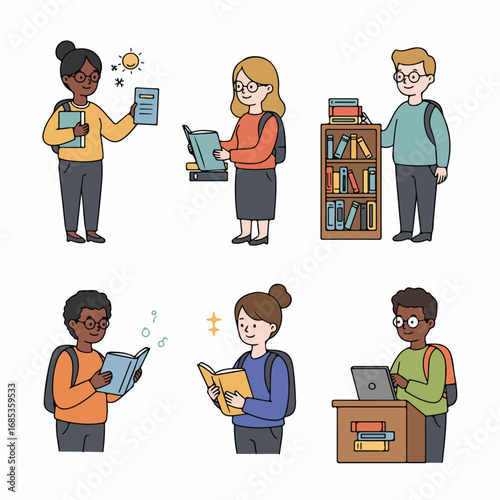Diverse students studying, reading books, and using technology for learning in a cheerful educational setting, fostering knowledge and personal growth.