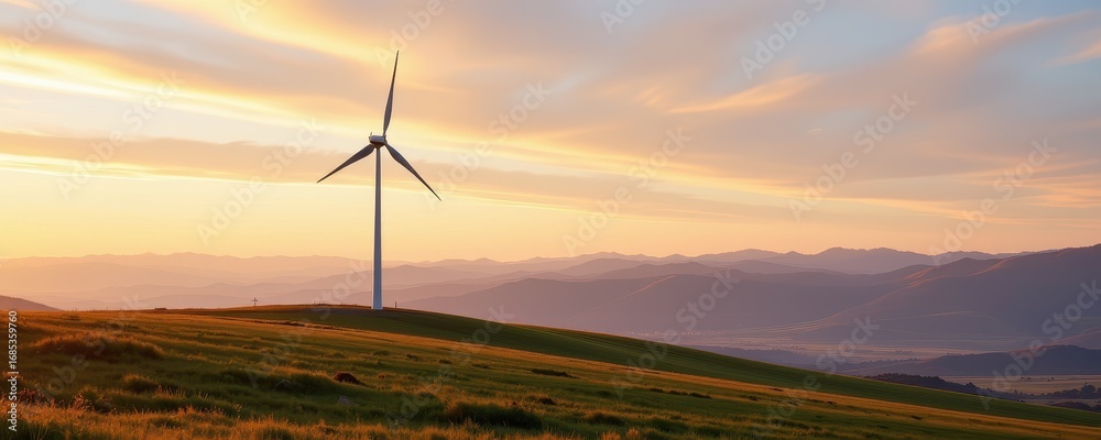 Obraz premium Wind turbine on a grassy hill at sunset with layered mountains in the background