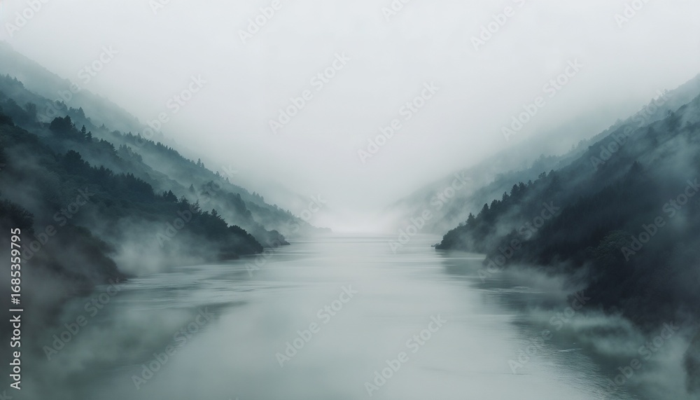 Fototapeta premium Serene Misty Landscape With Reflective Water And Forested Hills