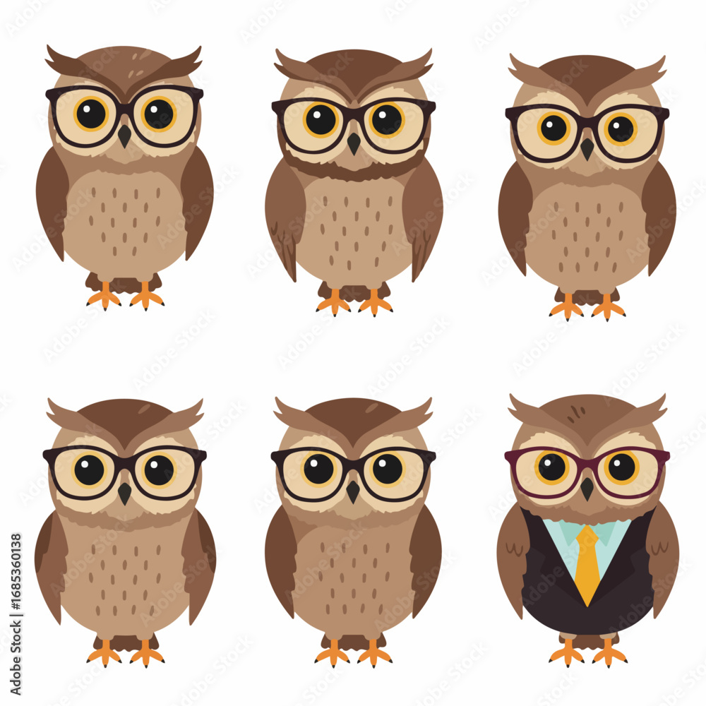Fototapeta premium Six cute cartoon owls wearing glasses, with one dressed in a business suit, isolated on white. Ideal for concepts of wisdom, education, and business.