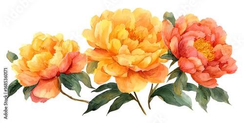 Fototapeta Naklejka Na Ścianę i Meble -  Set of peonies flower yellow orange color Watercolor spring collection of handdrawn flowers , Botanical lant illustration , elegan watercolor ,transparent bckground, PNG.