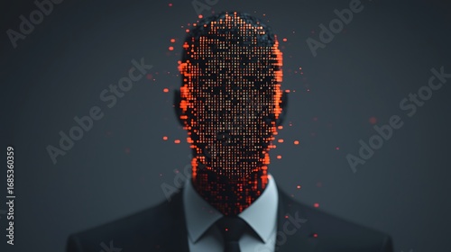 A digital representation of a faceless figure made of pixelated patterns, blending technology with abstract artistry.