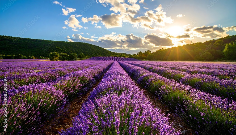 Naklejka premium Lavender field at sunset