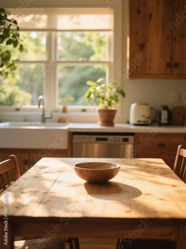 Wooden Bowl on a Table in a Cozy Kitchen with Natural Light