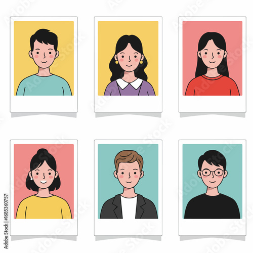 Diverse cartoon avatar portraits in instant photo frames, representing different people for profiles or teams.