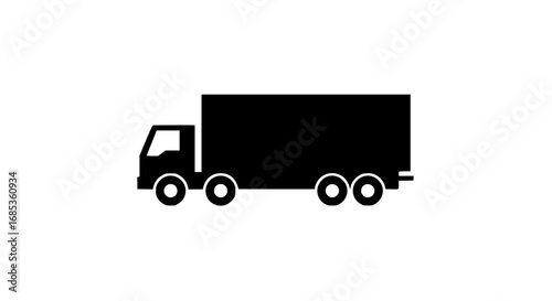 Big city delivery truck vehicle transporting important goods black white icon