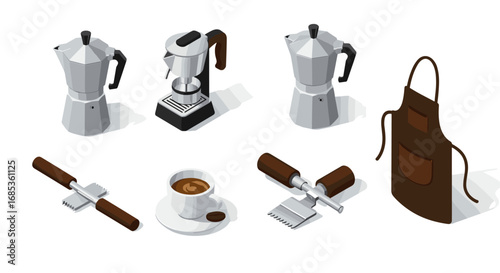 Isometric coffee making set with moka pots, espresso machine, and accessories