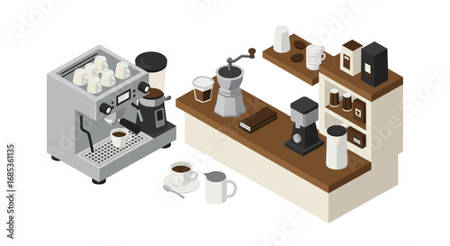 Isometric coffee shop equipment with espresso machine and grinder