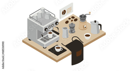 Isometric coffee making scene with espresso machine and accessories on wooden counter