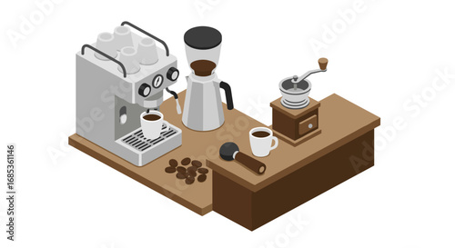 Modern coffee brewing set-up: isometric espresso machine and grinder scene