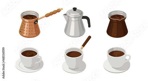 Isometric coffee set with cups and pots on white background