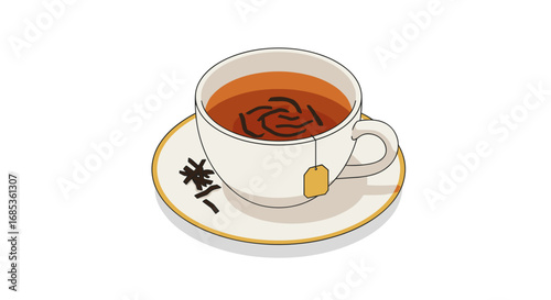 Flat design teacup with teabag on saucer: minimalist tea art