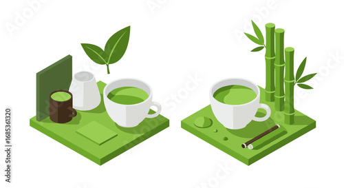 Isometric green tea and bamboo with leaf elements in modern style