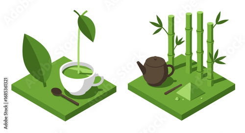 Isometric green tea and bamboo elements on geometric platforms