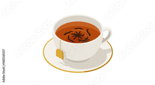 Isometric cup of black tea with tea bag on saucer
