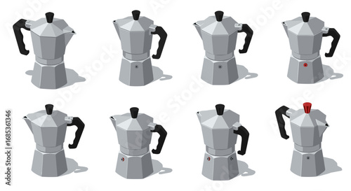 Isometric moka pot collection: classic coffee maker design in various styles
