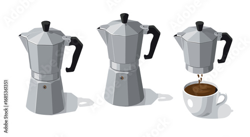 Isometric moka pot brewing process with coffee cup on white background