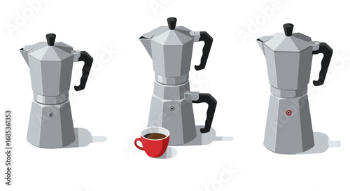 Minimalist moka pots and coffee cup in flat design on white background