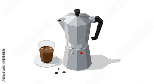 Retro coffee maker and glass in modern geometric style with minimalist design