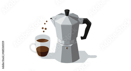 Isometric moka pot with coffee cup on a white background