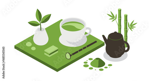 Isometric green tea set with bamboo and ceramic utensils on a tray