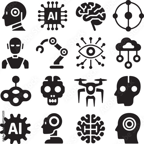 Set of artificial intelligence and robotics icons and symbols on white background robot head