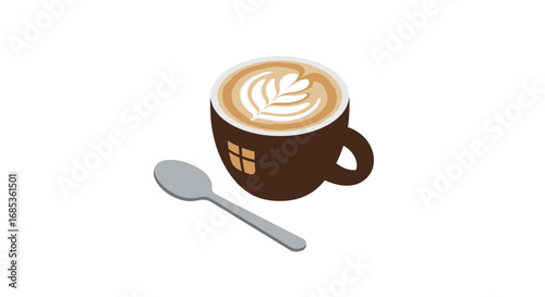 Cappuccino with latte art and spoon on white background