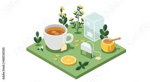 Isometric tea time with honey and lemon in a garden setting