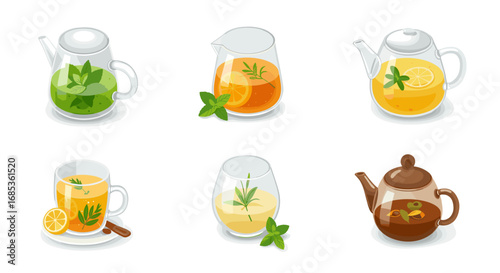 Variety of teapots and cups with herbal and citrus infusions in realistic style