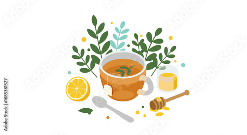 Herbal tea composition with lemon and honey in modern flat design
