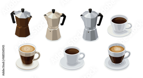 Isometric moka pots and coffee cups: an exploration of modern cafeteria essentials