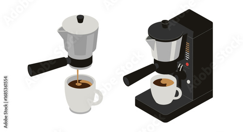 Isometric coffee maker and espresso machine brewing fresh coffee