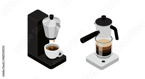 Isometric coffee makers brewing fresh espresso in modern style