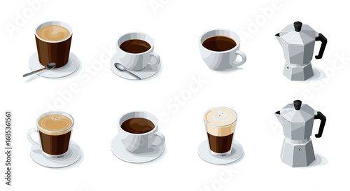 Isometric coffee cups and moka pots collection with different brews