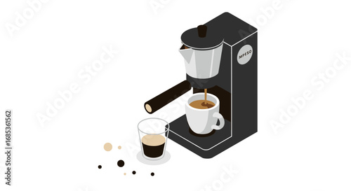 Stylish isometric espresso machine pouring coffee into cup on white background