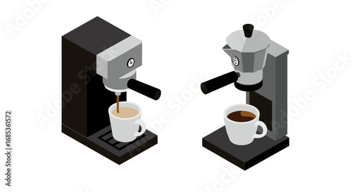 Isometric coffee machines with espresso cups on white background