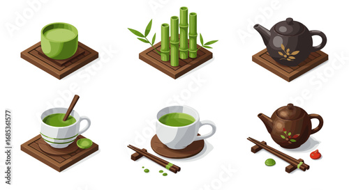 Isometric tea set with matcha, bamboo, and teapots on wooden coasters