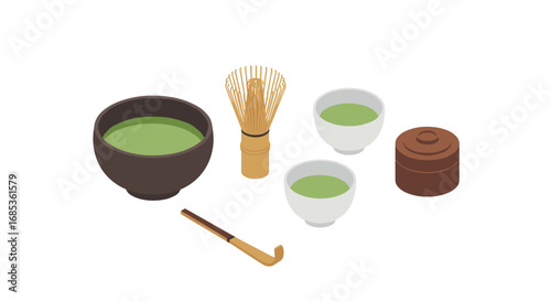 Traditional japanese tea ceremony essentials in isometric style