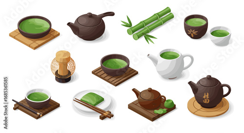 Isometric tea set with matcha bowls, bamboo, and teapots on white background