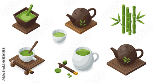 Isometric green tea set with bamboo elements and tea accessories