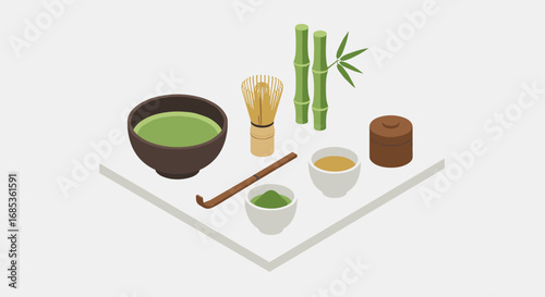 Isometric japanese tea ceremony set with matcha bowl and bamboo