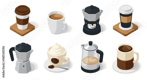 Isometric coffee icons collection featuring cups, mugs, and coffee makers