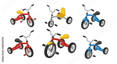 Colorful isometric tricycle collection for kids' playful adventures